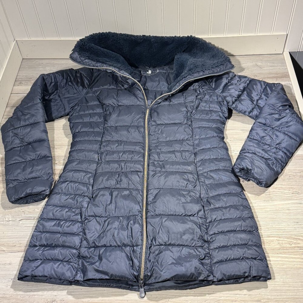 Save The Duck Size 2 Women's Small Long Coat Ultra Light Jacket Blue Faux Fur